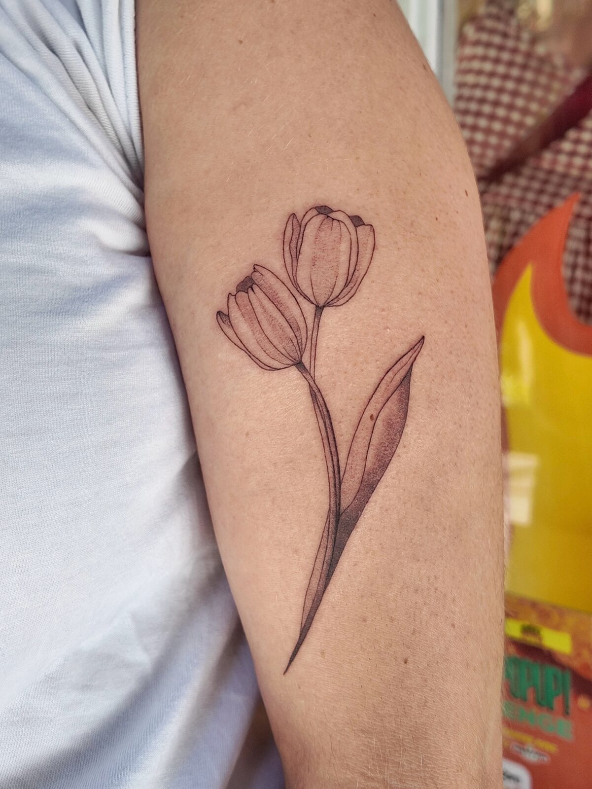 Tatouage fine line tulipe sur le bras